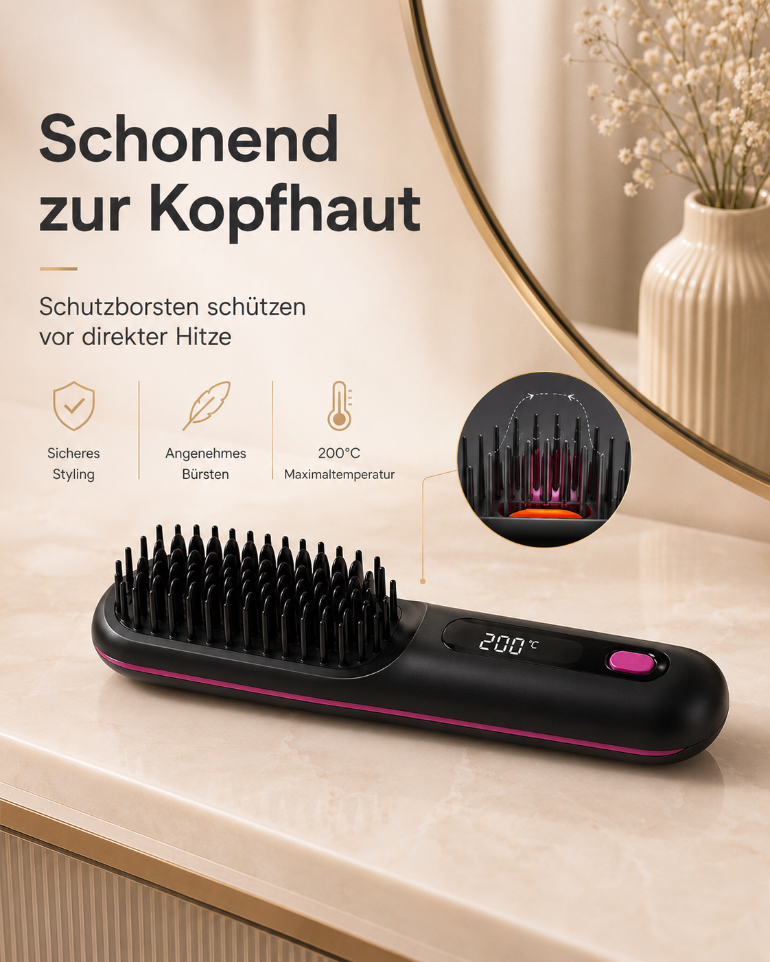 Kabellose Glättbürste mit Bürstfunktion